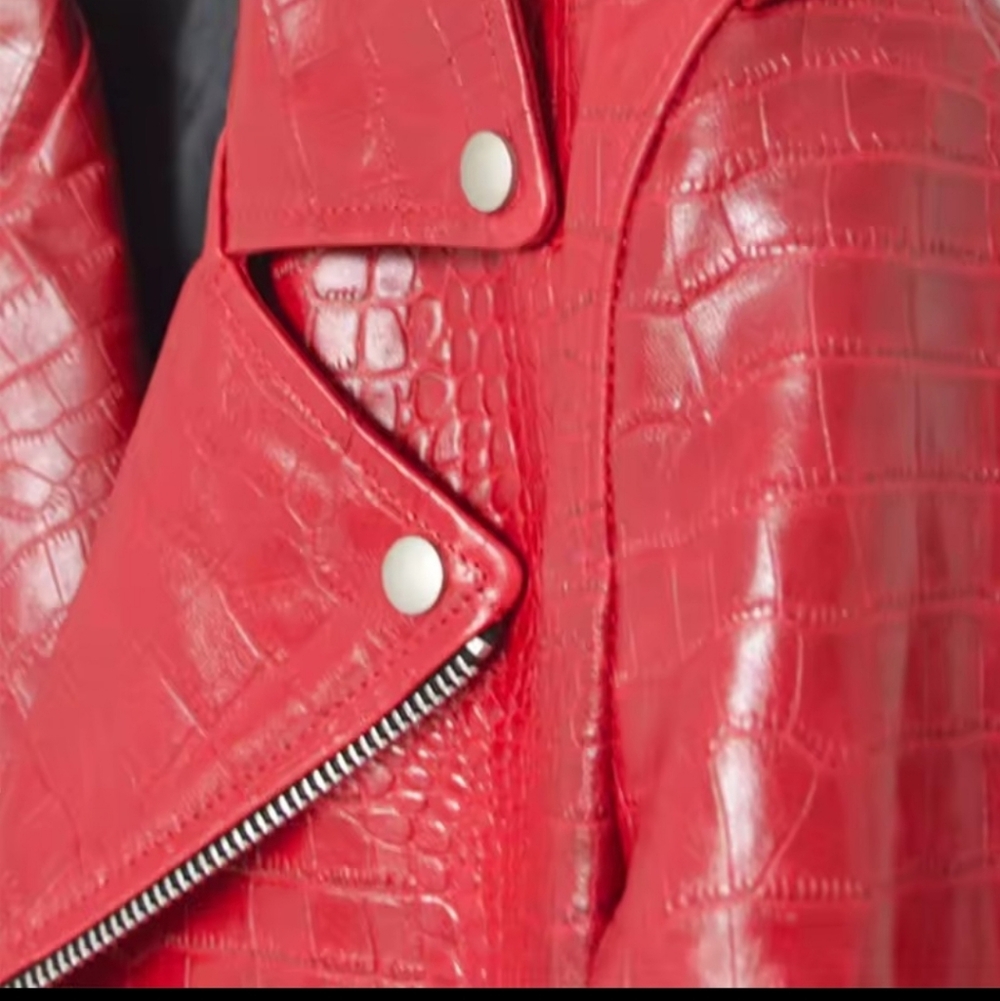 Red Croc-Embossed Leather Jacket - image 4